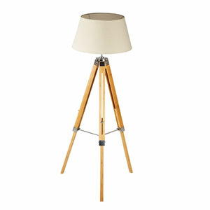 Large Tripod Floor Lamp | Linen Shade | Modern Bamboo Vintage Wooden Retro Light