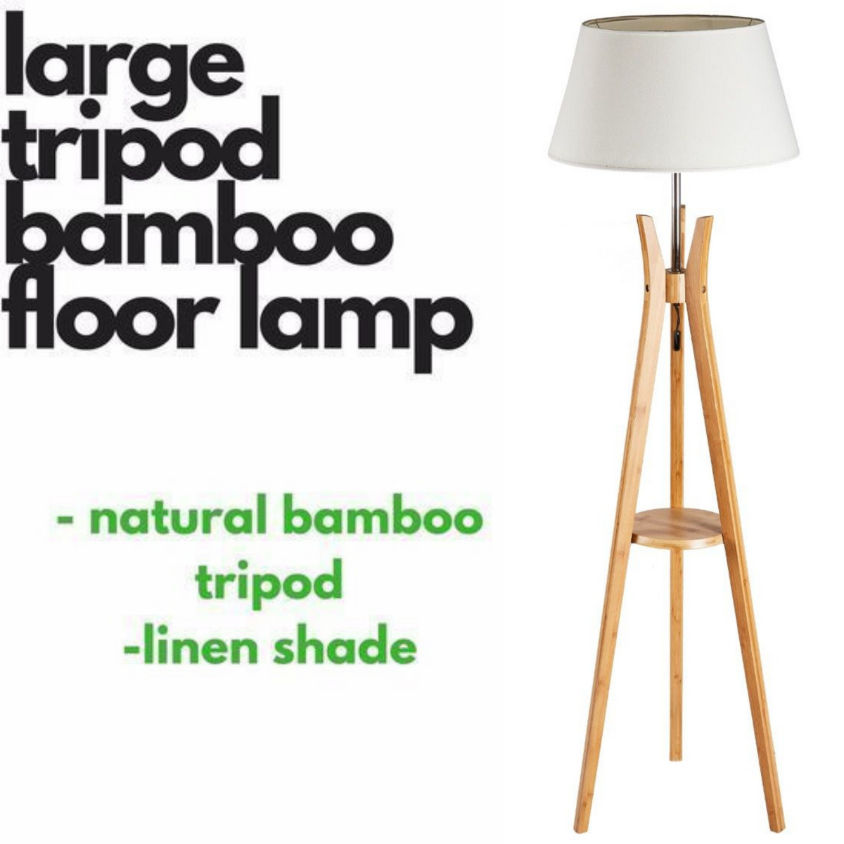 Large Bamboo Tripod Floor Lamp | Linen Shade | Modern Vintage Wooden Scandi Light