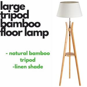 Large Bamboo Tripod Floor Lamp | Linen Shade | Modern Vintage Wooden Scandi Light