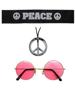 Hippie Kit Set | Headband, Glasses & Peace Sign Necklace | 60s 70s Costume Accessories