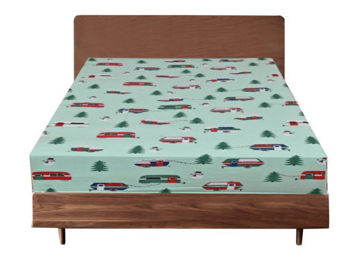 Queen Luxury 100% Cotton Flannelette Fitted Bed Sheet | Flannel | Trees/Caravan
