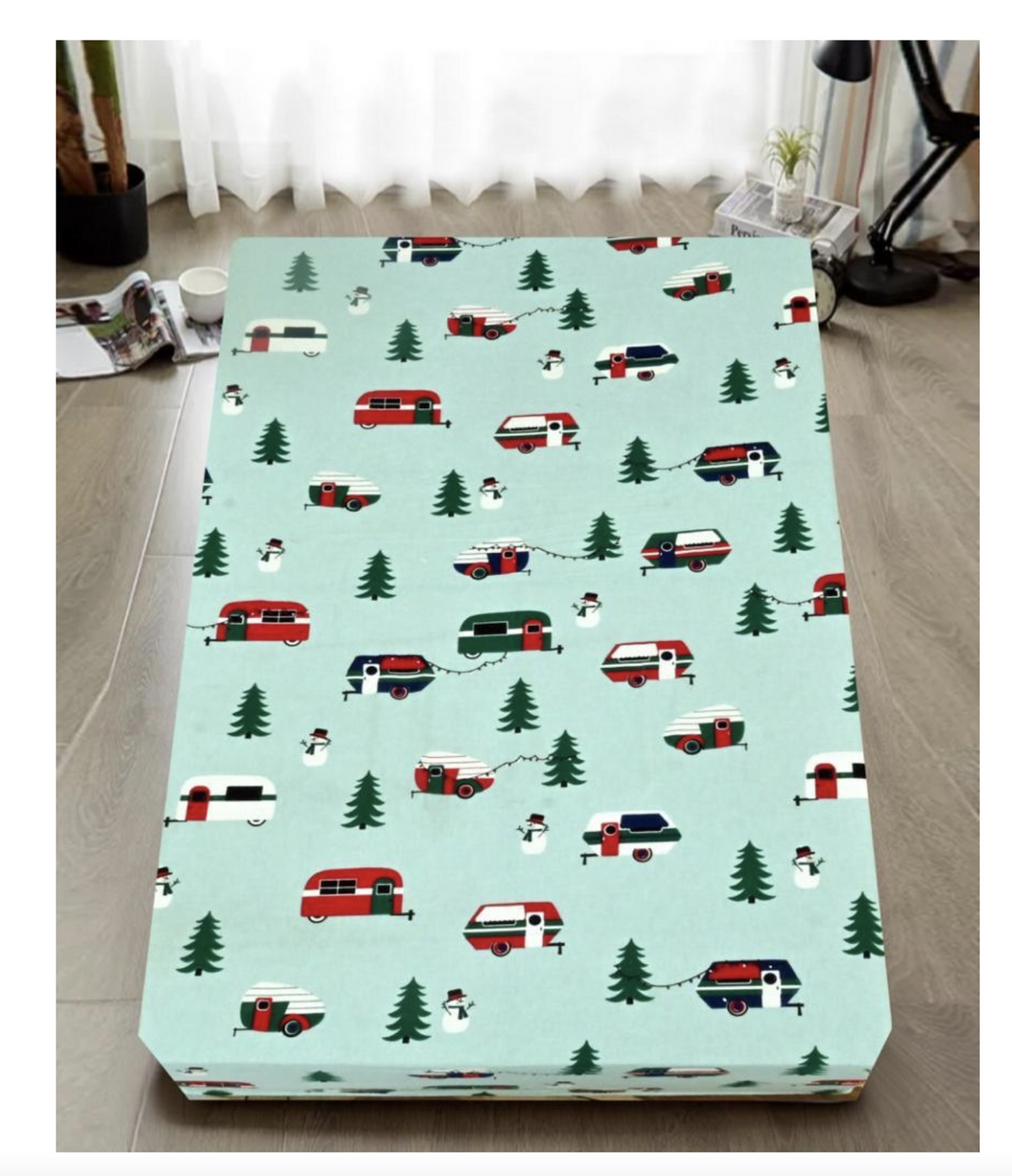 Queen Luxury 100% Cotton Flannelette Fitted Bed Sheet | Flannel | Trees/Caravan
