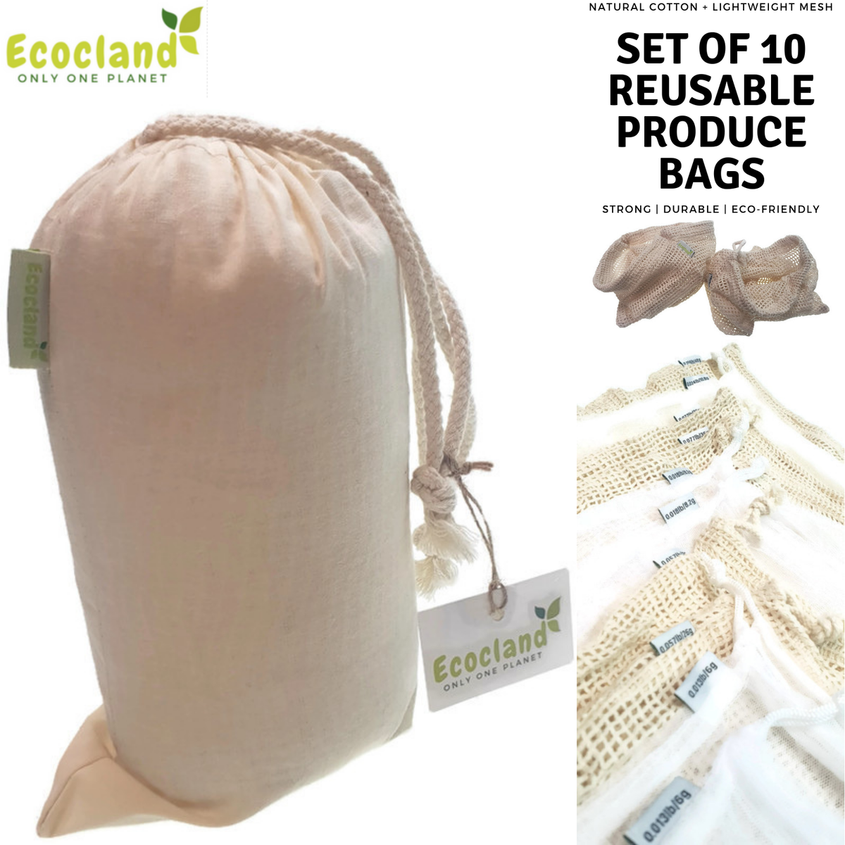 10-Pack ECOCLAND Reusable Mesh Produce Bags | Fruit & Grocery Storage | Washable Eco Bags