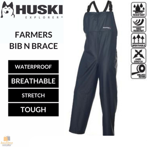 HUSKI OVERALLS Farmers Bib N Brace | Waterproof Stretch Windproof Work | Navy | L