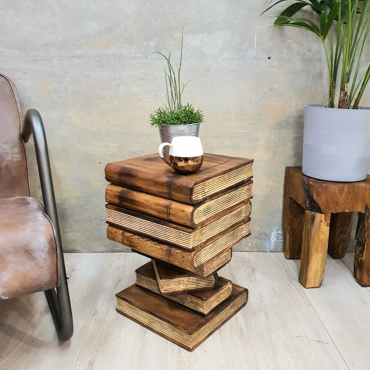 Side Table Book Stack Design with Storage Compartment | Natural Burned Finish