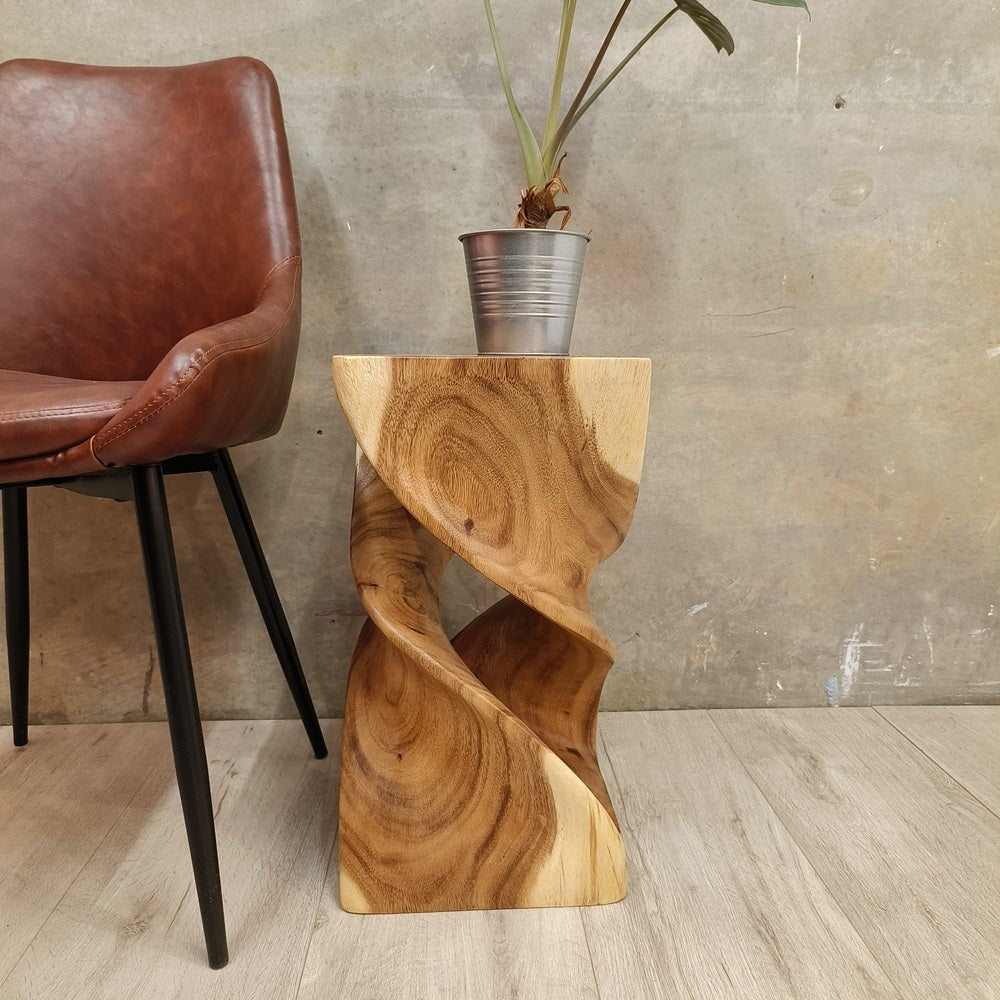 The Twist Raintree Wood Side Table/Corner Table/Plant Stand | Clear Finish
