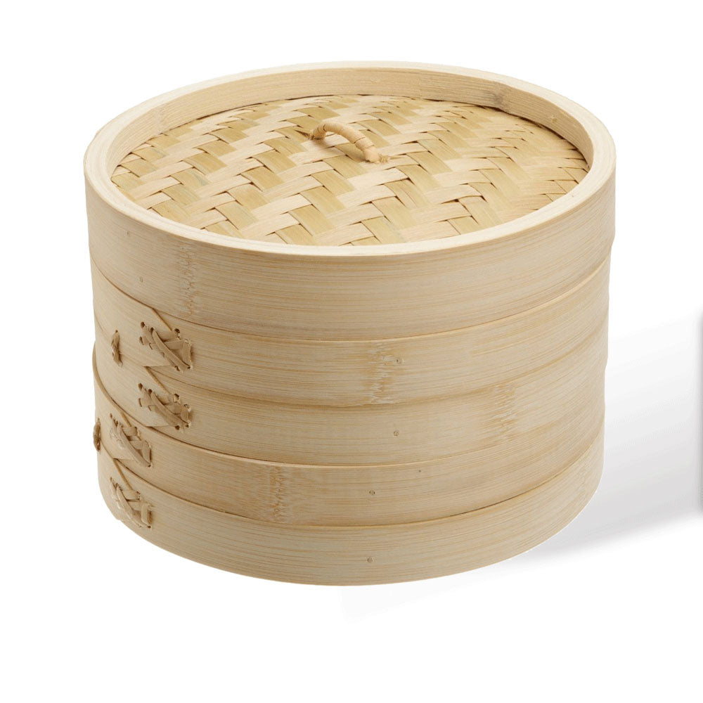8" Bamboo Steamer Set | 2 Steamer Baskets with Lid | Dumpling & Dim Sum Steamer
