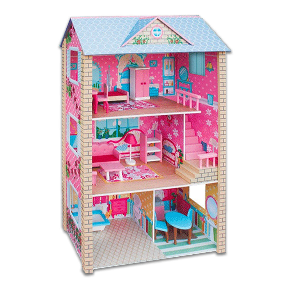 Large Wooden Dolls House | 3-Level | Pretend Play Toys | Full Furniture