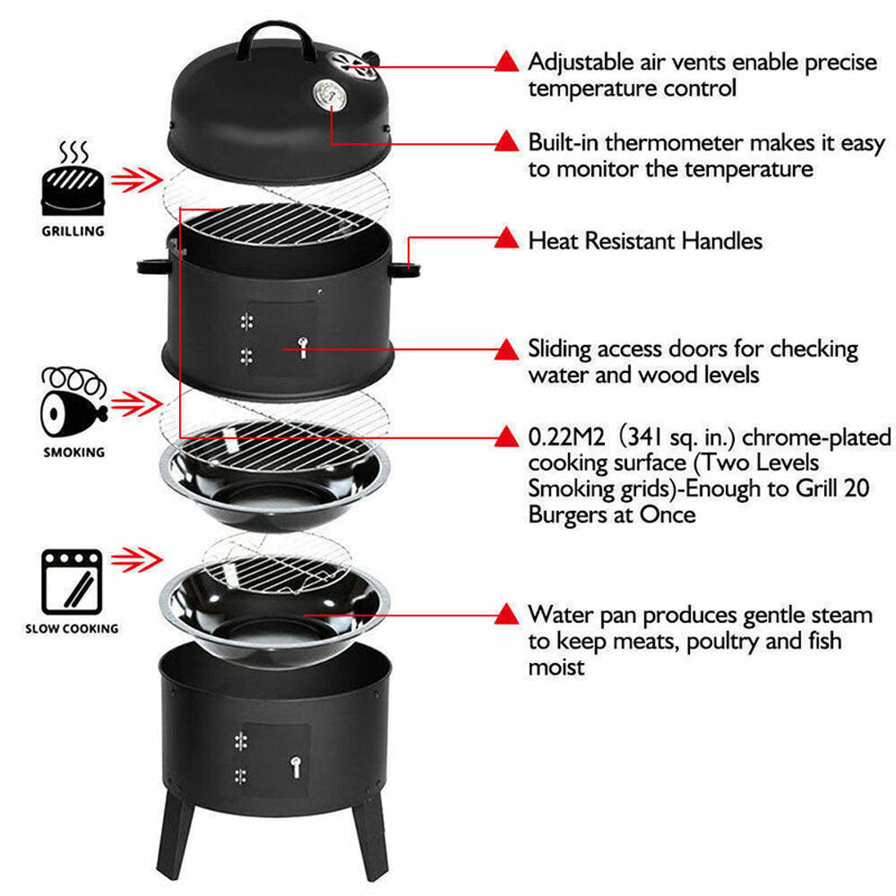 NEW 3-in-1 Portable Charcoal Vertical Smoker | BBQ Roaster Grill | Steel Water Steamer