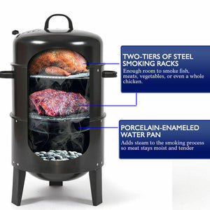 NEW 3-in-1 Portable Charcoal Vertical Smoker | BBQ Roaster Grill | Steel Water Steamer