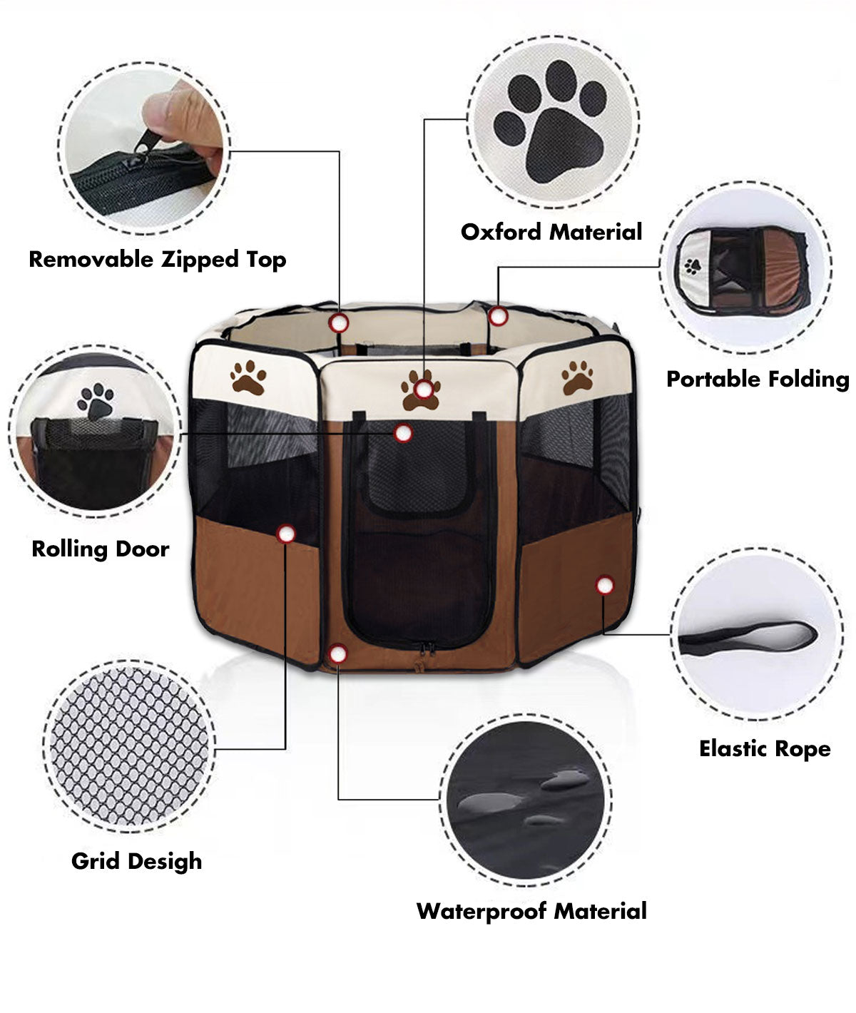 8-Panel Pet Playpen | Dog Puppy Cat Crate | Portable Tent Kennel | Extra Large | Brown