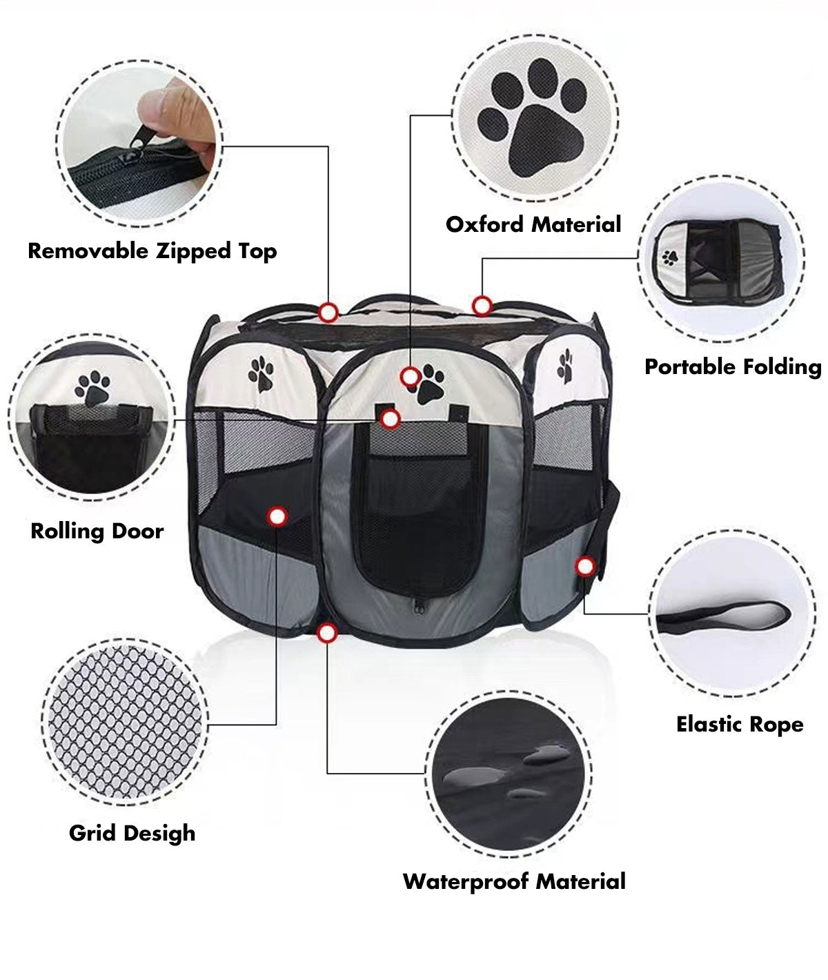 8-Panel Pet Playpen | Dog Puppy Cat Crate | Portable Tent Kennel | Extra Large | Grey