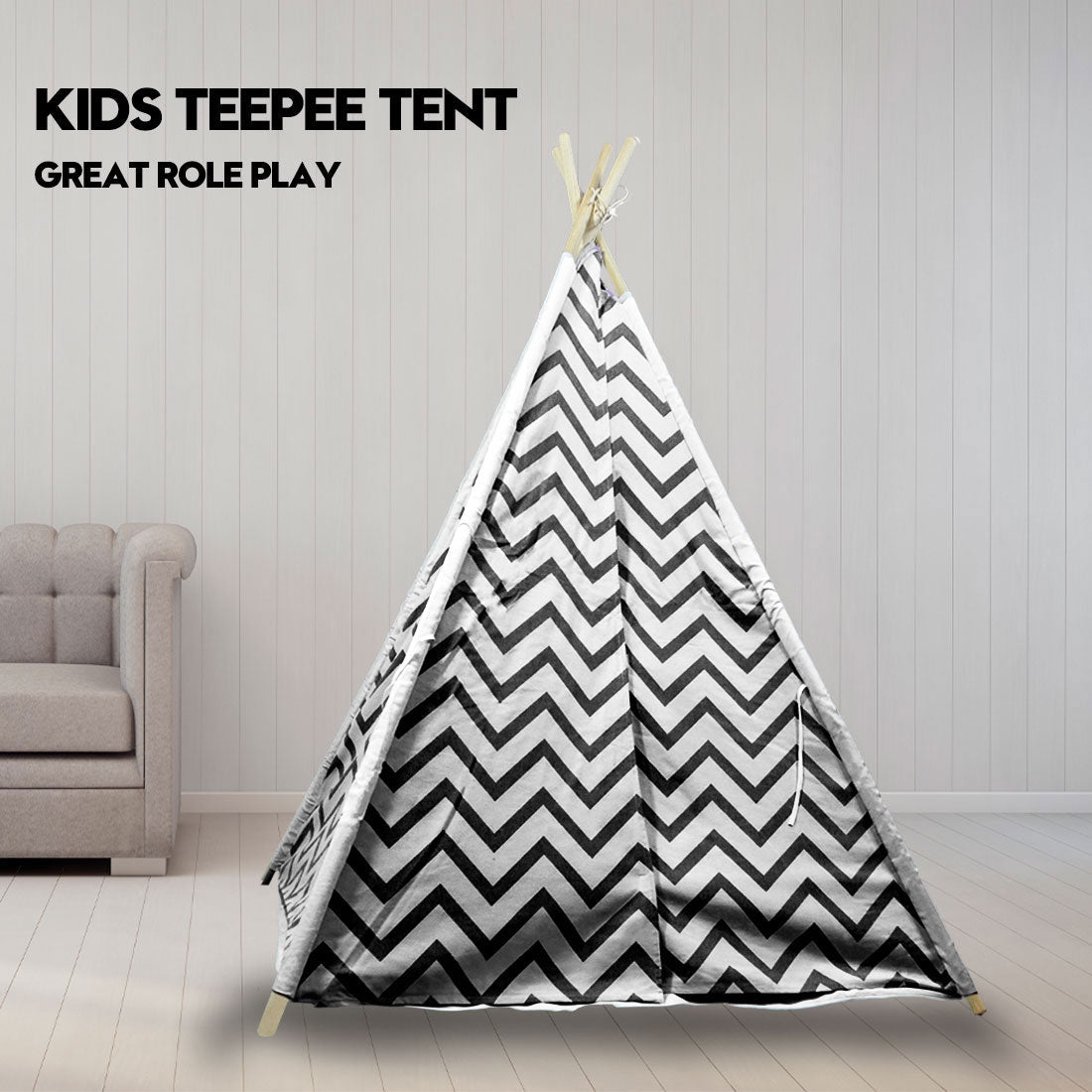 Giant Cotton Canvas Kids Teepee | Wigwam Pretend Play Tent | Indoor Outdoor Party | Black
