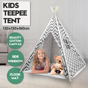 Giant Cotton Canvas Kids Teepee | Wigwam Pretend Play Tent | Indoor Outdoor Party | Black