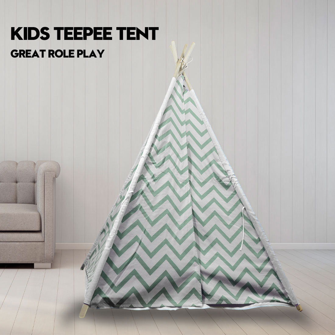 Giant Cotton Canvas Kids Teepee | Wigwam Pretend Play Tent | Indoor Outdoor Party | Green