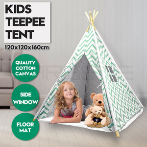 Giant Cotton Canvas Kids Teepee | Wigwam Pretend Play Tent | Indoor Outdoor Party | Green