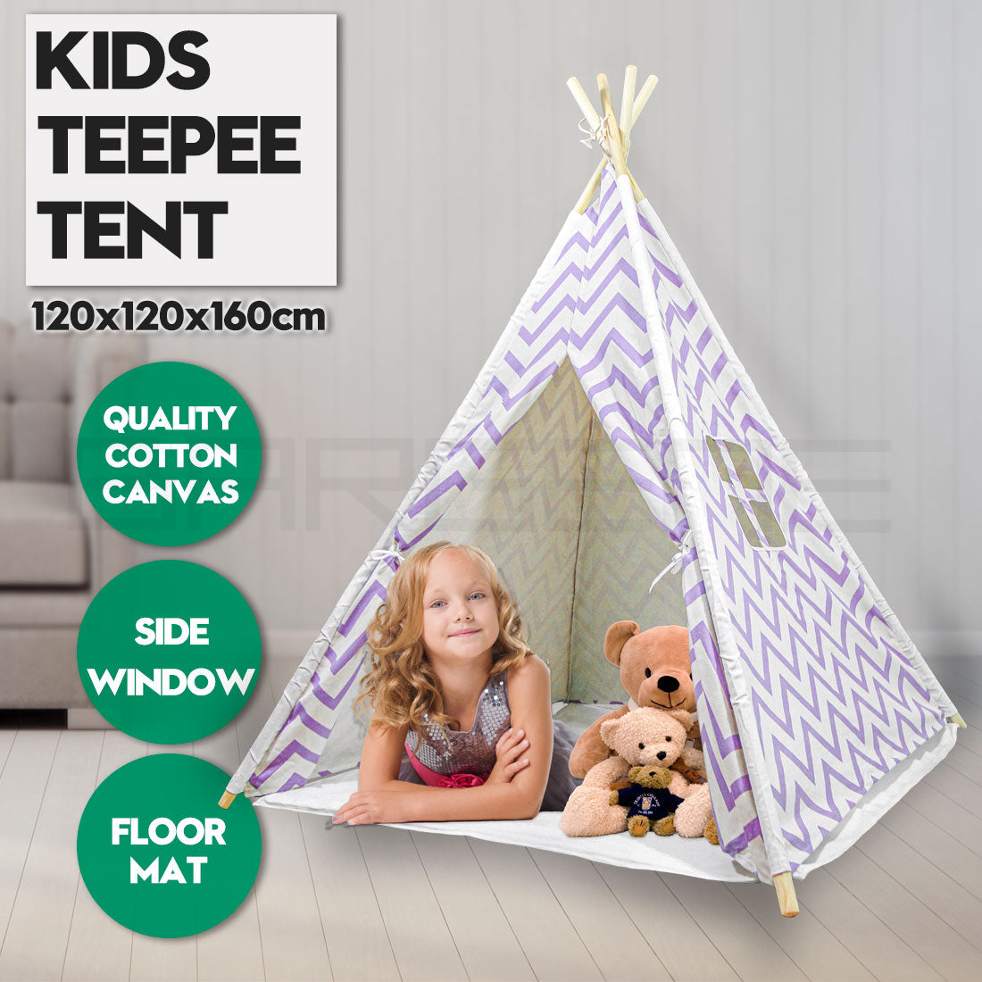 Giant Cotton Canvas Kids Teepee | Wigwam Pretend Play Tent | Indoor Outdoor Party | Purple