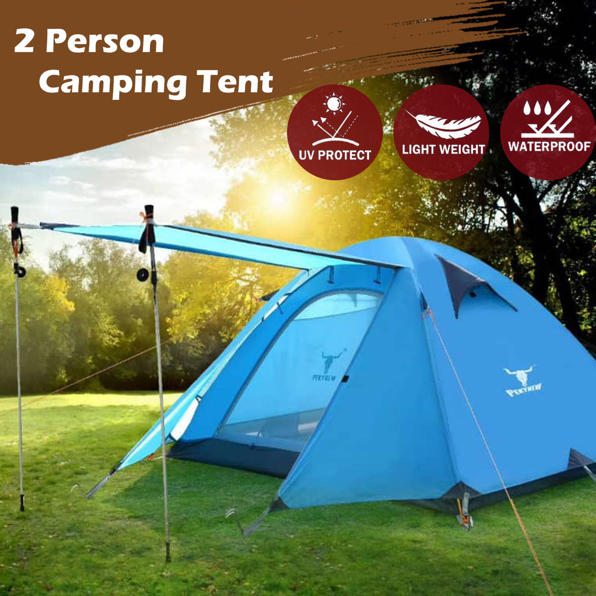 2-Person Portable Camping Tent | Waterproof | Lightweight Hiking Backpacking Shelter | Blue