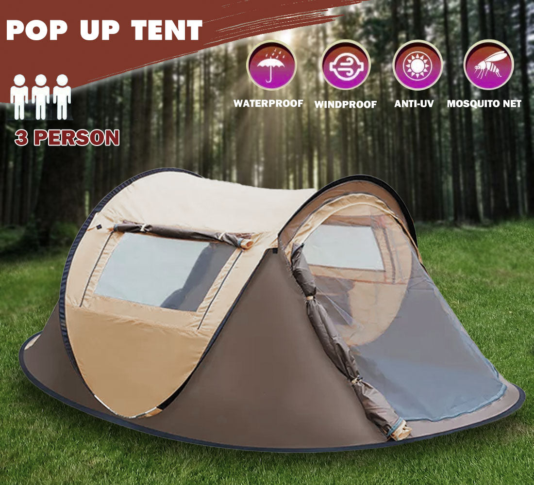 Waterproof Instant Up Beach Camping Tent | 3 Person Pop Up | Family Hiking Dome