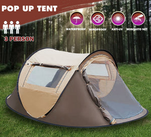 Waterproof Instant Up Beach Camping Tent | 3 Person Pop Up | Family Hiking Dome