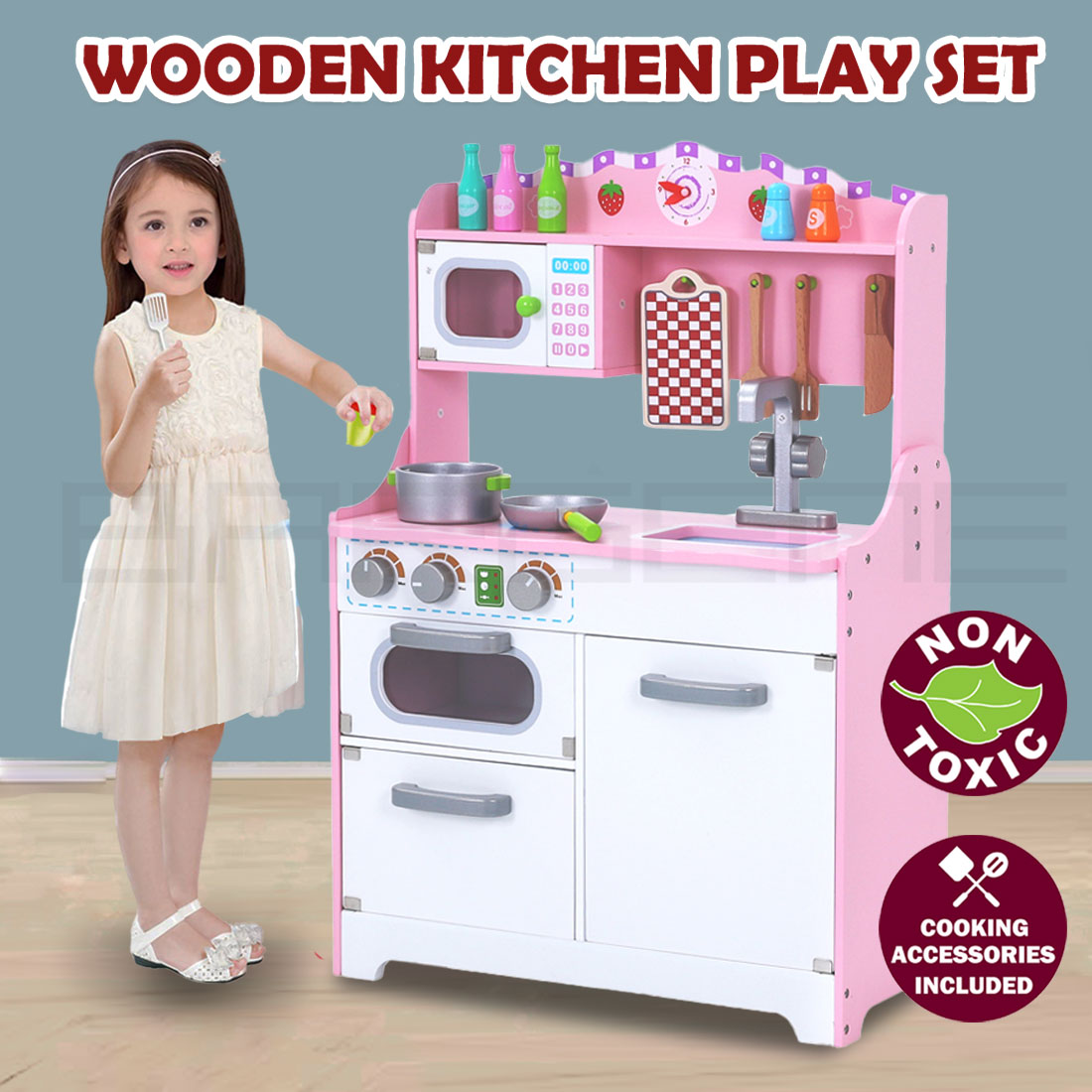 Kids Wooden Kitchen Play Set | Pretend Toy | Toddlers Children Cooking Food Cookware
