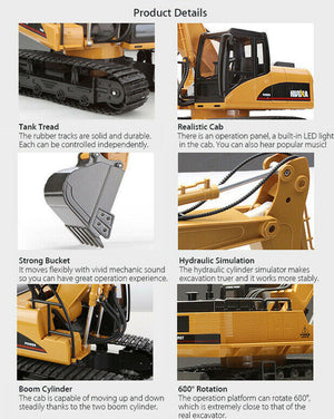 HUINA 1/14 RC Alloy Excavator | 15CH Construction Engineering Toy