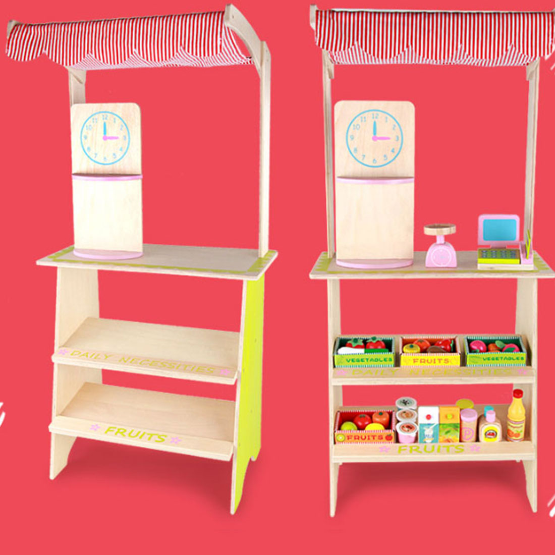 Kids Wooden Pretend Play Marketplace Stand | Fruit Veg Shop Stall | Supermarket Toy