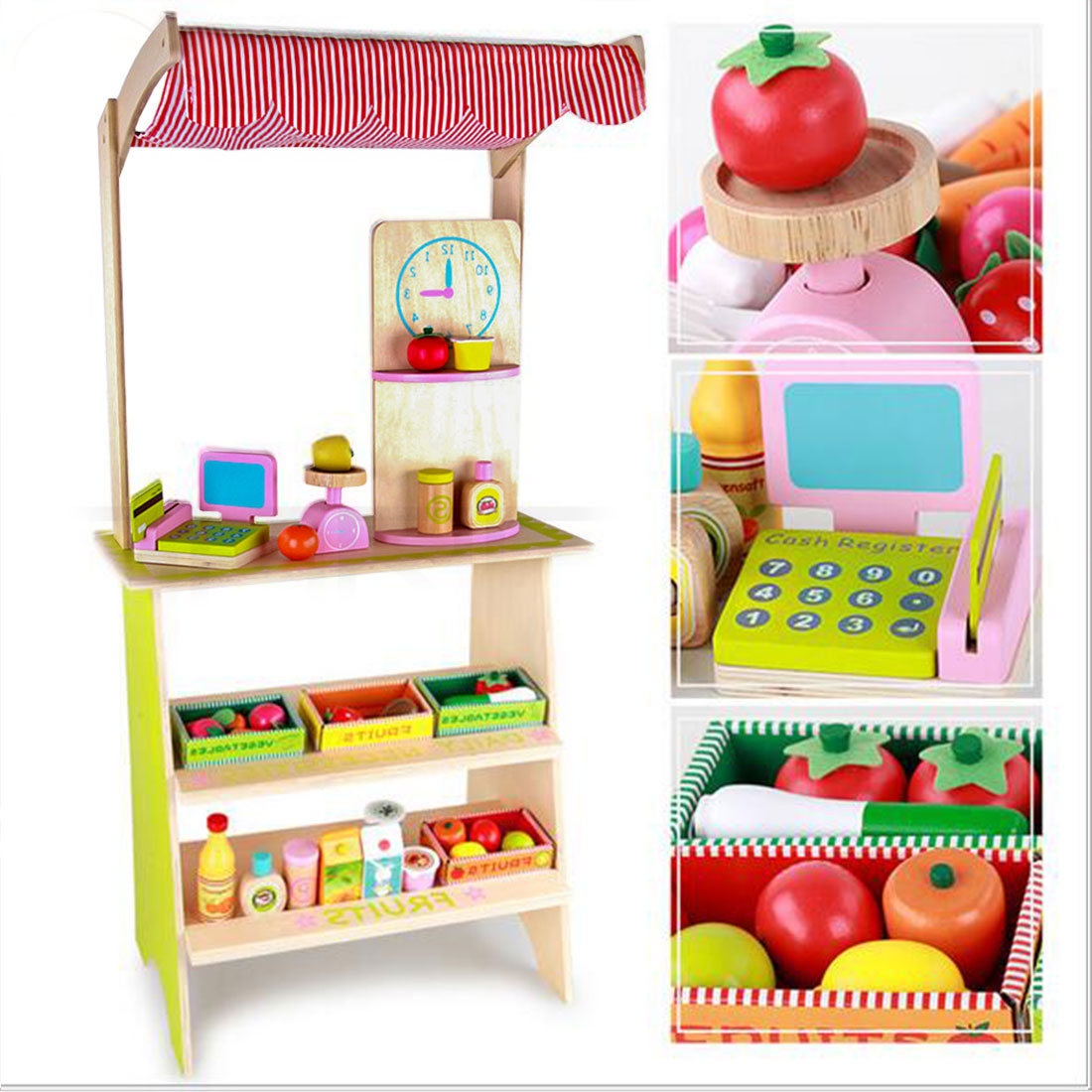 Kids Wooden Pretend Play Marketplace Stand | Fruit Veg Shop Stall | Supermarket Toy