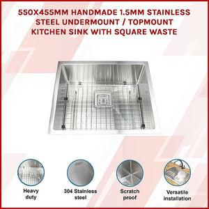 550x455mm Handmade 1.5mm Stainless Steel Undermount / Topmount Kitchen Sink | Square Waste