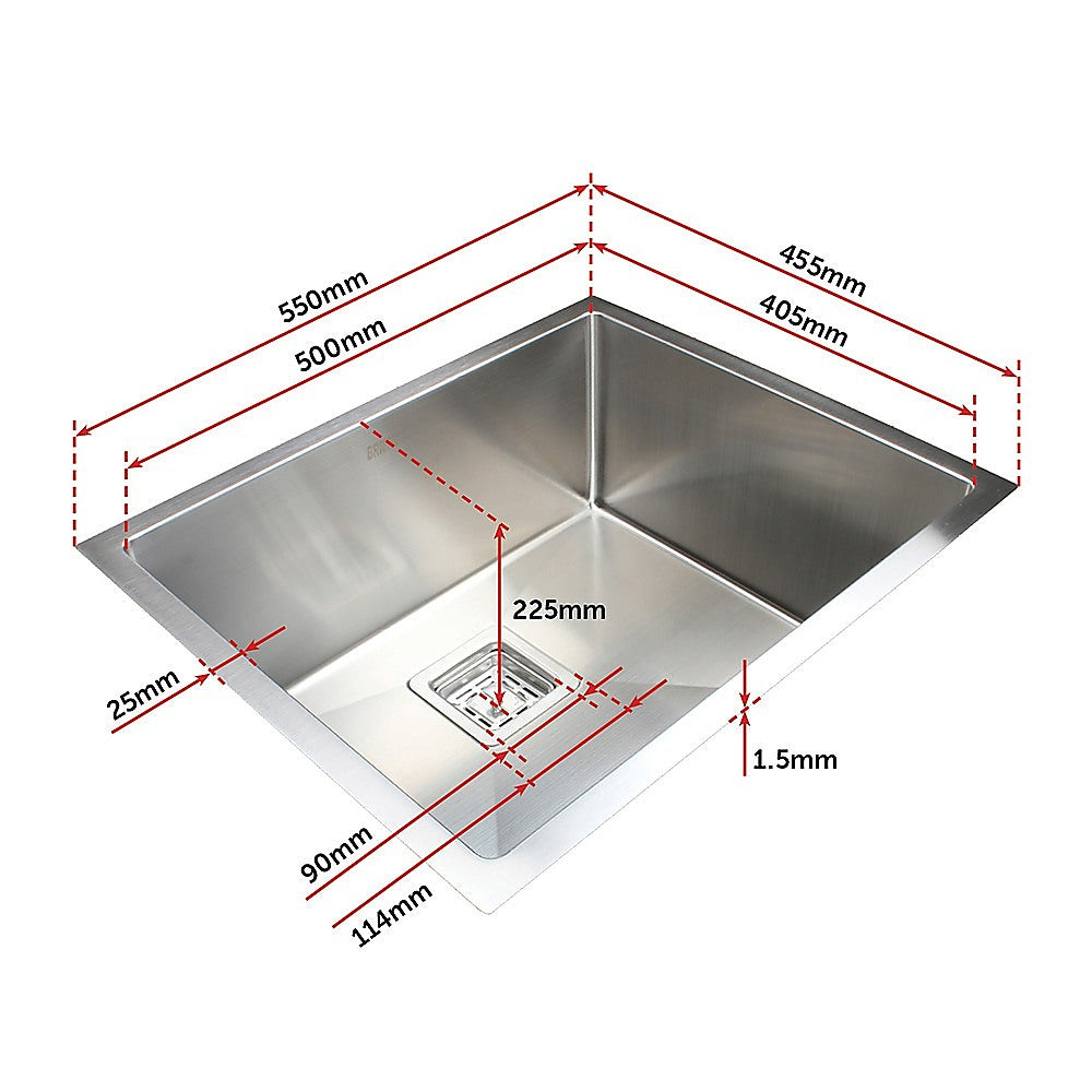 550x455mm Handmade 1.5mm Stainless Steel Undermount / Topmount Kitchen Sink | Square Waste