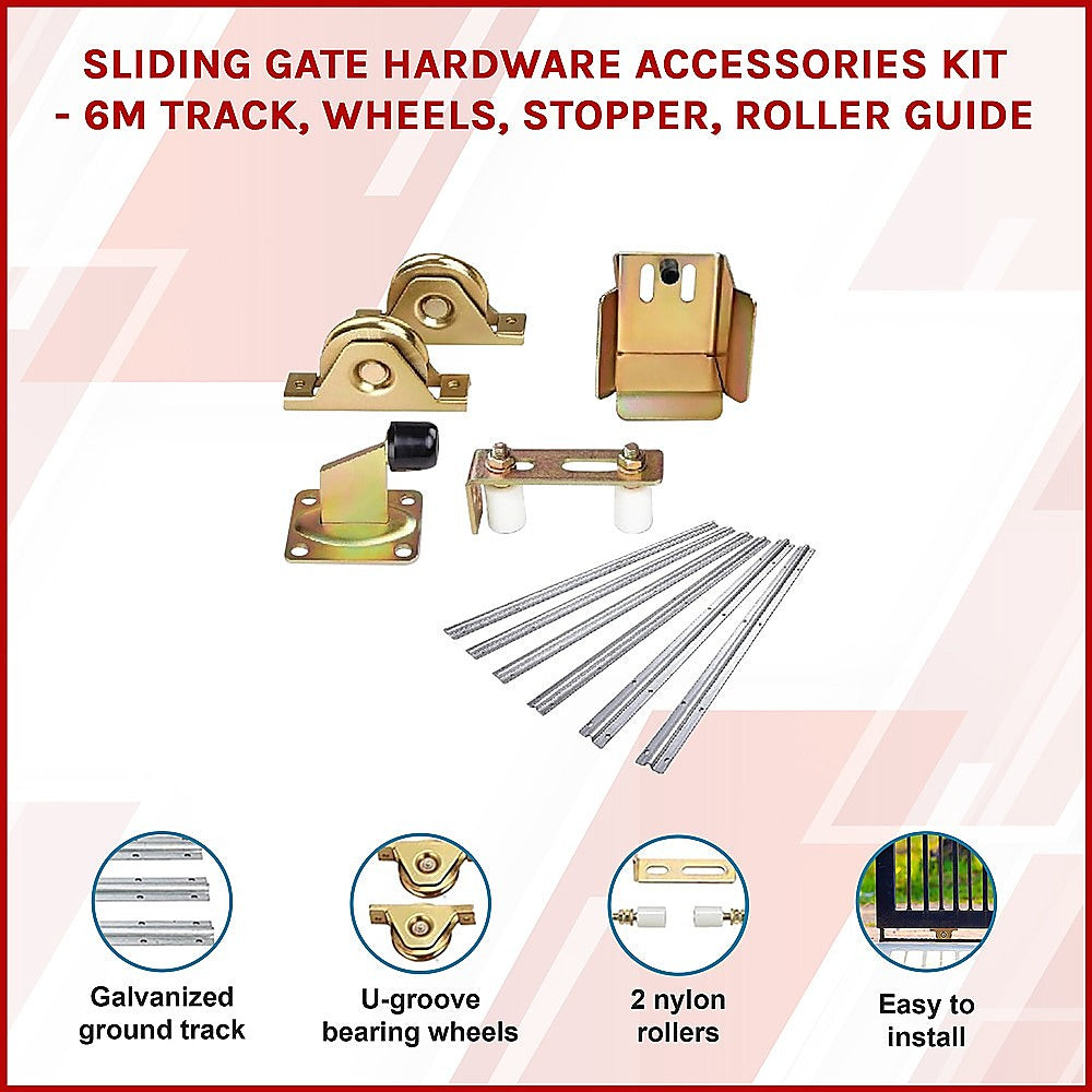 Sliding Gate Hardware Accessories Kit | 6m Track | Wheels | Stopper | Roller Guide