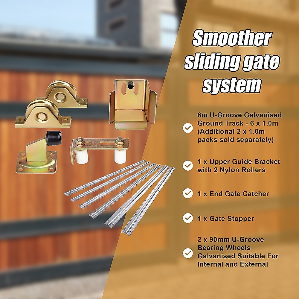 Sliding Gate Hardware Accessories Kit | 6m Track | Wheels | Stopper | Roller Guide