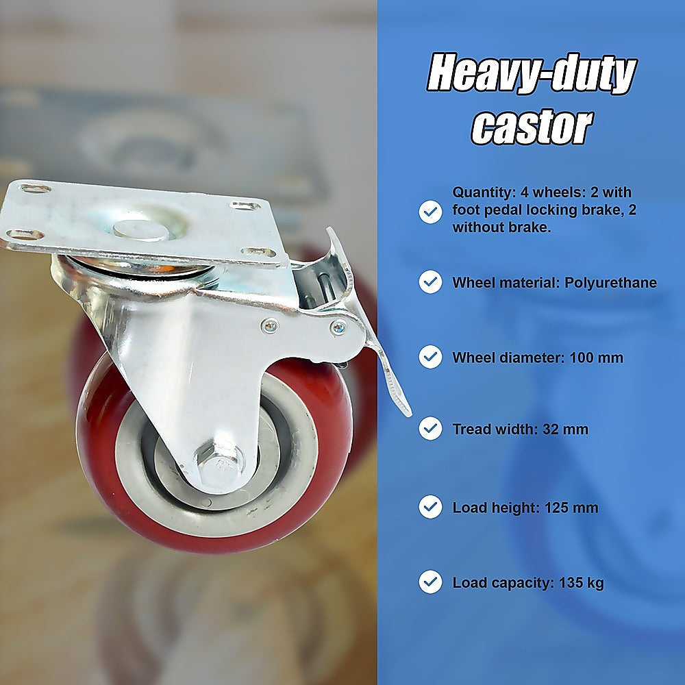 Heavy Duty PU Swivel Castor Wheels | 4 x 4" | With Brake | Industrial Strength