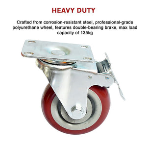 Heavy Duty PU Swivel Castor Wheels | 4 x 4" | With Brake | Industrial Strength
