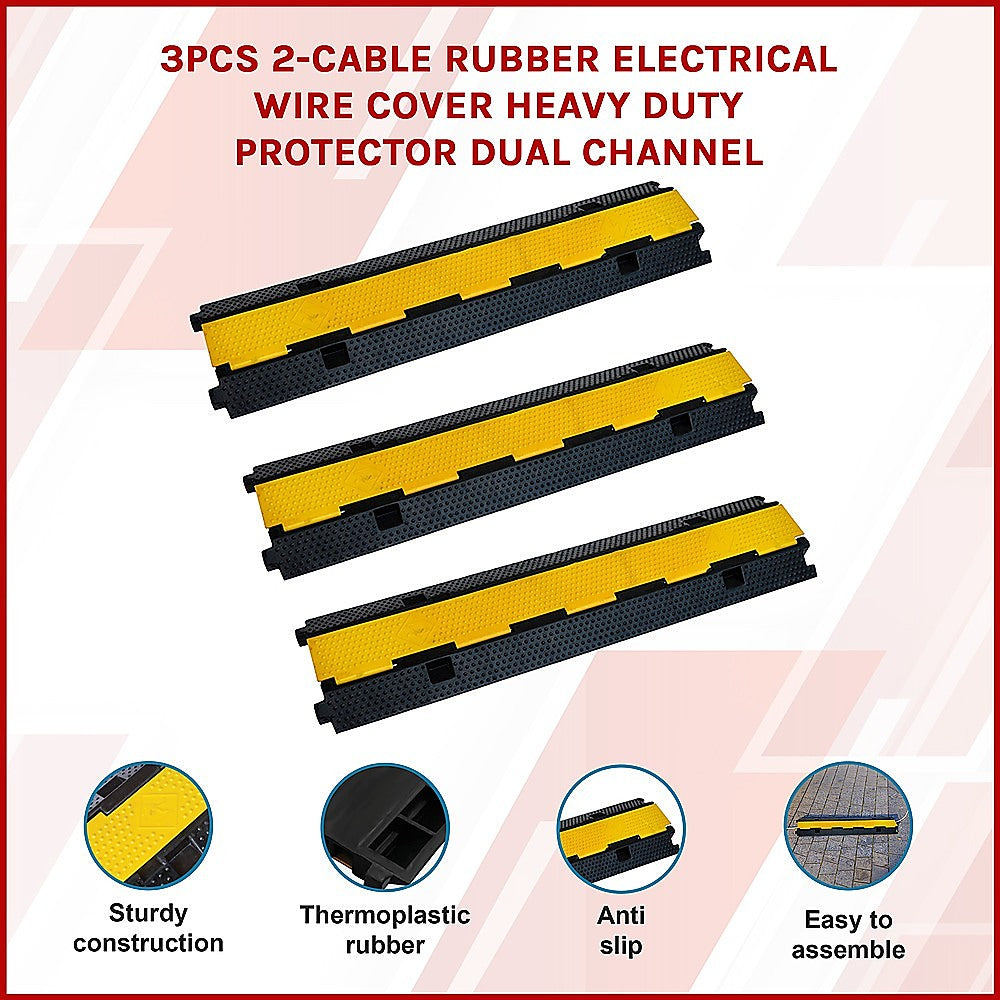 Rubber Electrical Wire Cover | 3-Pack | 2-Cable Heavy Duty Protector | Dual Channel