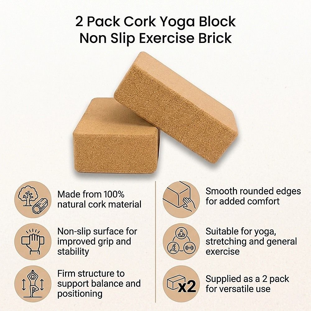 2x ECO-Friendly Cork Yoga Block Organic Yoga Prop Accessory Exercise Brick