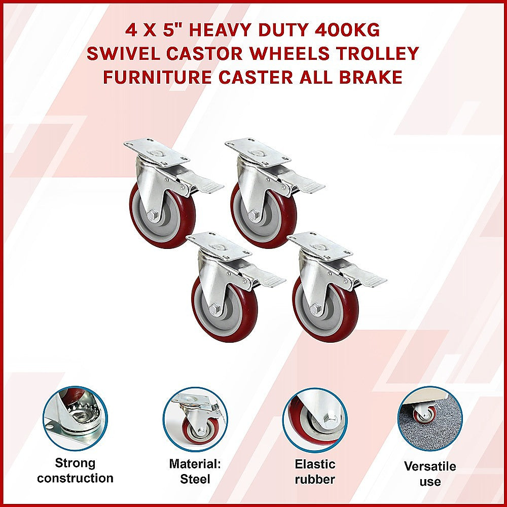 Heavy Duty Swivel Castor Wheels | 4 x 5" | 400KG Load | Trolley Furniture Caster | All Brake