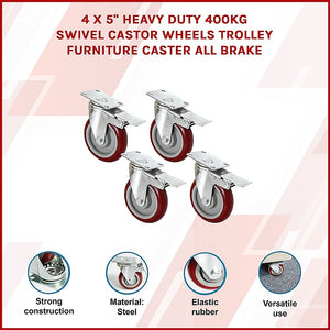 Heavy Duty Swivel Castor Wheels | 4 x 5" | 400KG Load | Trolley Furniture Caster | All Brake