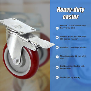 Heavy Duty Swivel Castor Wheels | 4 x 5" | 400KG Load | Trolley Furniture Caster | All Brake