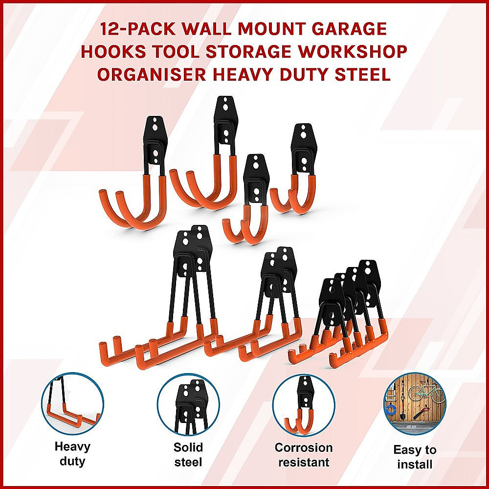 Wall Mount Garage Hooks | 12-Pack | Heavy-Duty Steel Tool Storage Organiser