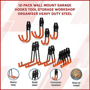 Wall Mount Garage Hooks | 12-Pack | Heavy-Duty Steel Tool Storage Organiser