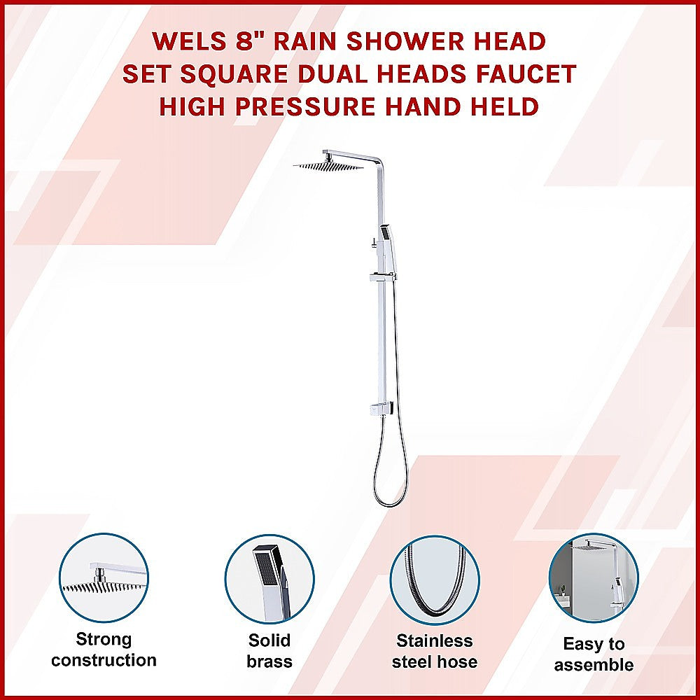 WELS 8" Rain Shower Head Set | Square Dual Heads Faucet | High Pressure Hand Held