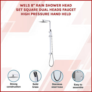 WELS 8" Rain Shower Head Set | Square Dual Heads Faucet | High Pressure Hand Held