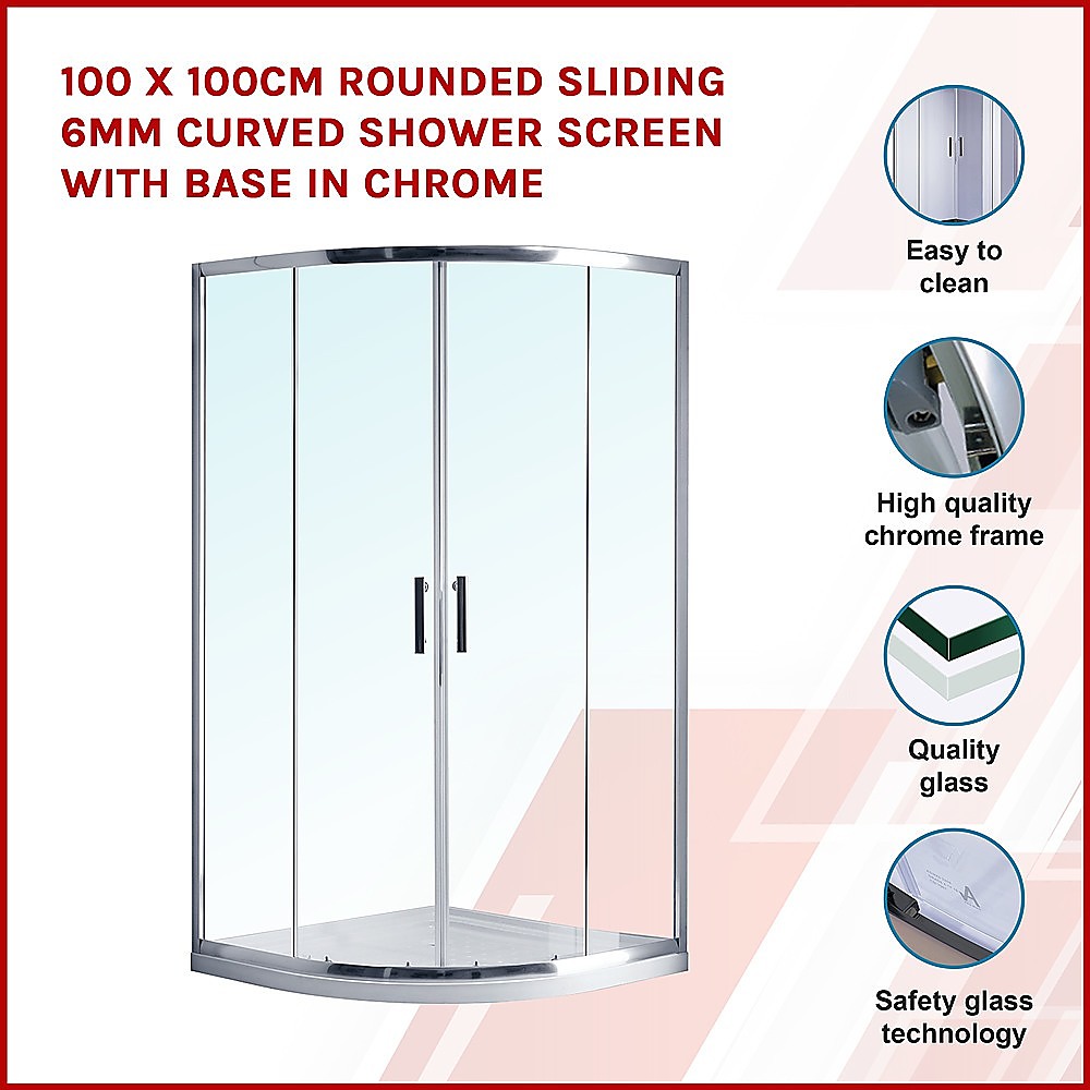 100x100cm Rounded Sliding 6mm Curved Shower Screen | Chrome Base