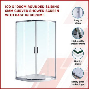 100x100cm Rounded Sliding 6mm Curved Shower Screen | Chrome Base