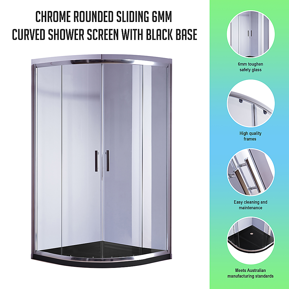 100x100cm Chrome Rounded Sliding 6mm Curved Shower Screen | Black Base
