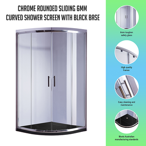 100x100cm Chrome Rounded Sliding 6mm Curved Shower Screen | Black Base