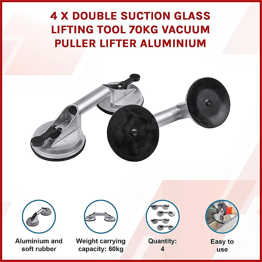 4 x Double Suction Glass Lifting Tool 70kg Vacuum Puller Lifter Aluminium