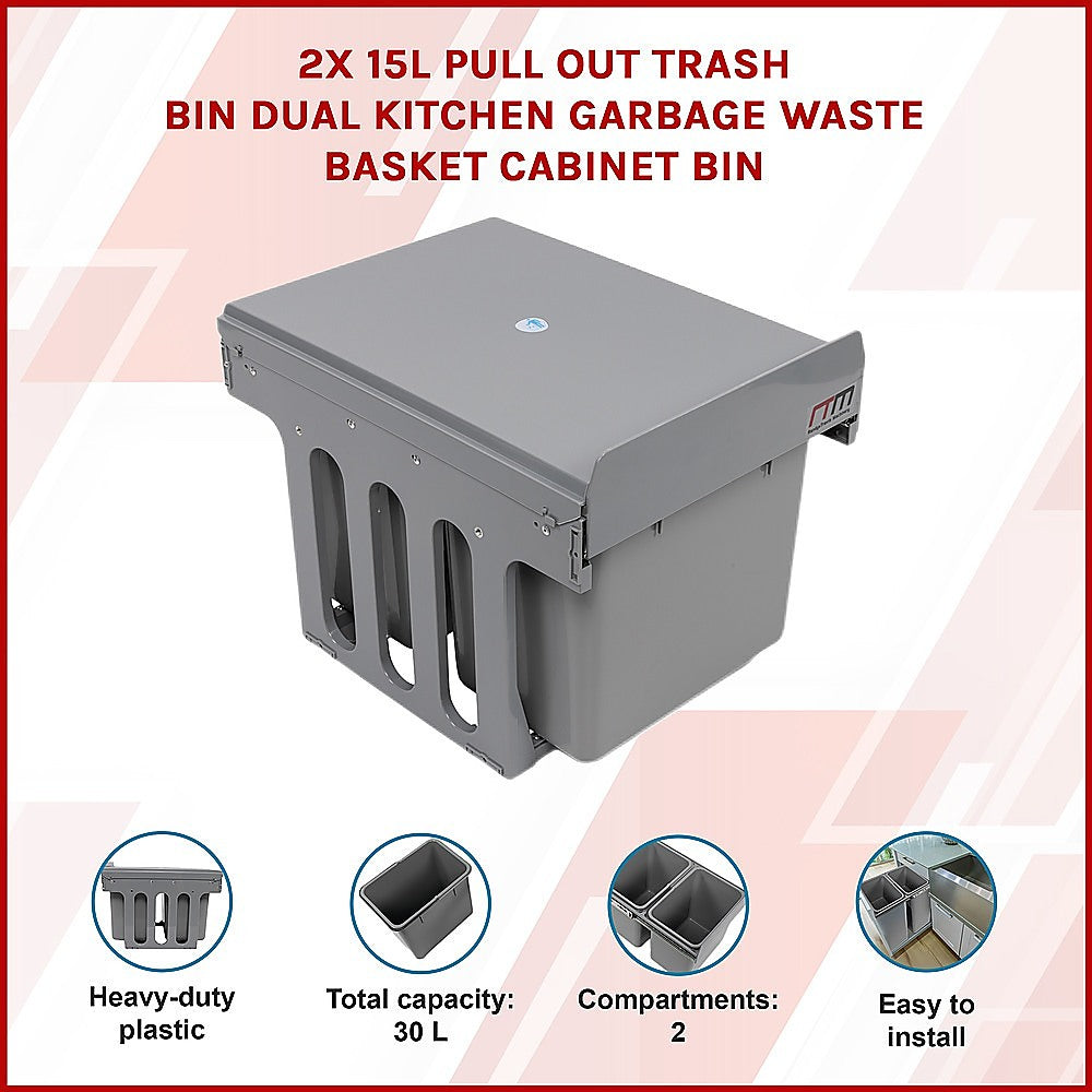 2x 15L Pull-Out Trash Bin | Dual Kitchen Garbage Waste Basket | Cabinet Bin