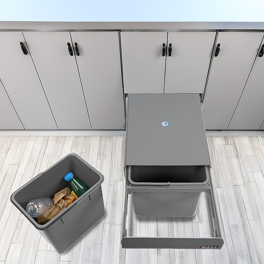 2x 15L Pull-Out Trash Bin | Dual Kitchen Garbage Waste Basket | Cabinet Bin